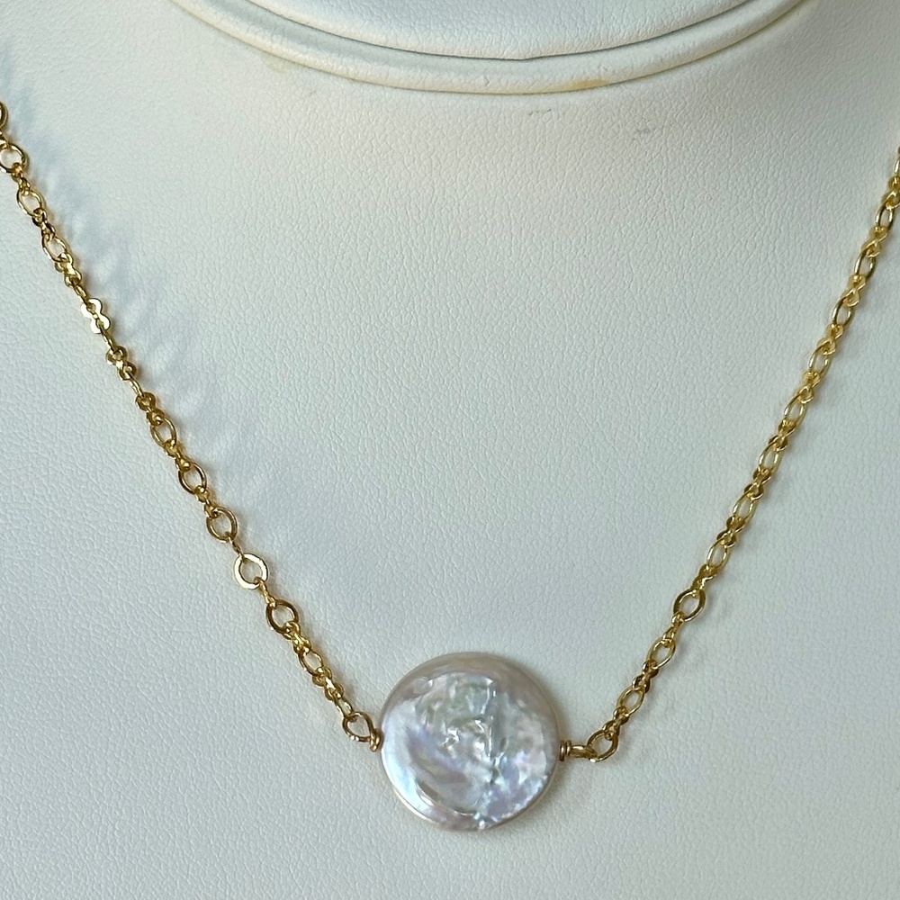 17.2mm White High Luster Coin Pearl Necklace 14K Gold Plate-19 Inches Adjustable